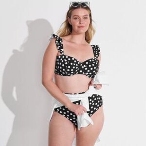 Land's End Plus Size Balconnette bikini wire black egret polkadot ruffle 14 DD